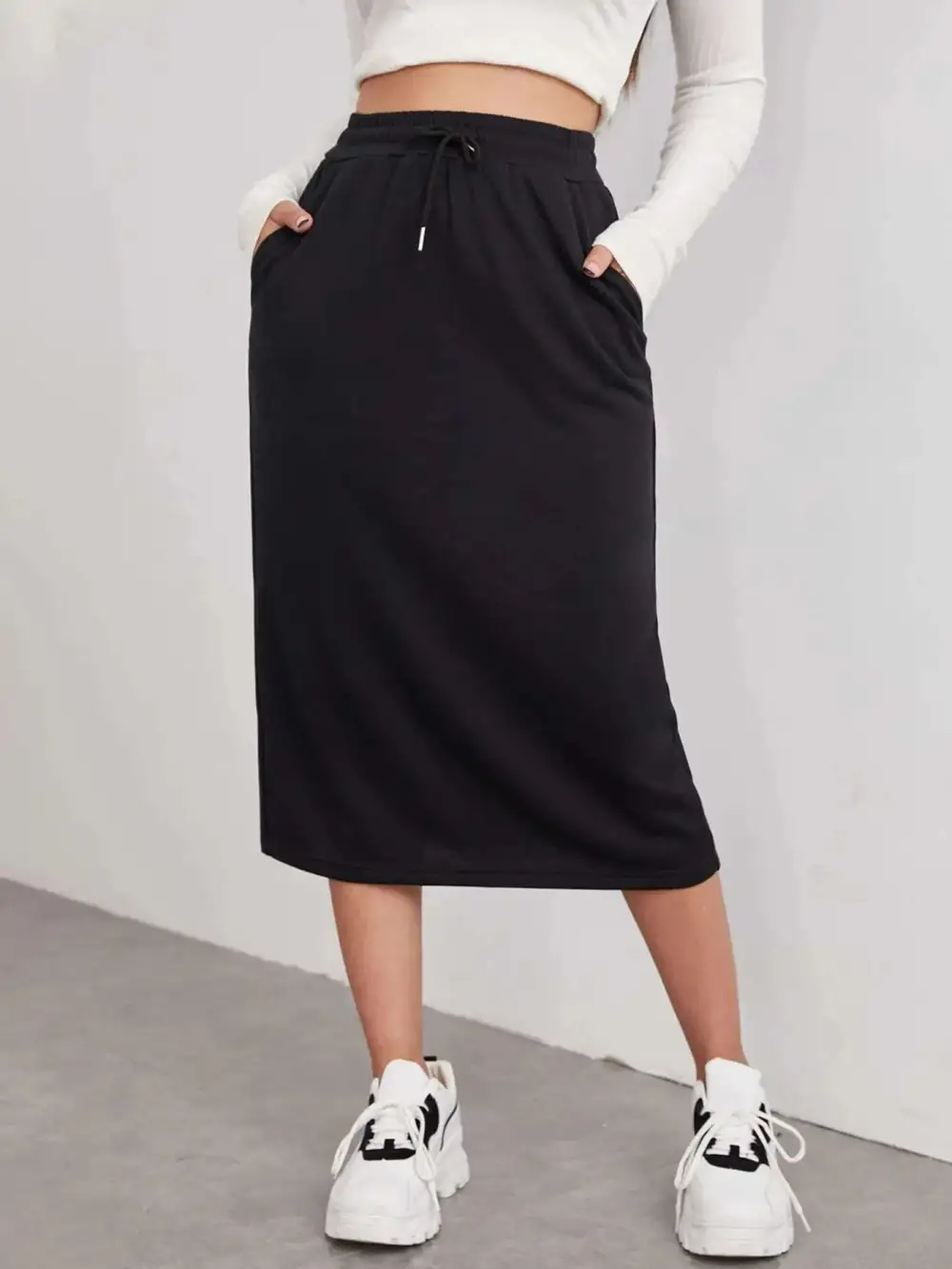 Drawstring Side Slit Midi Skirt