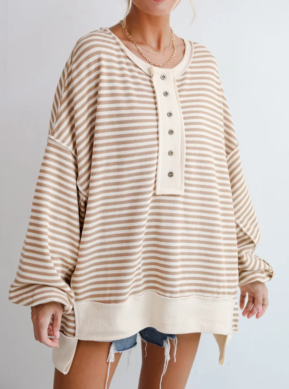 Enviably Cozy Cream Striped Oversized Waffle Knit Top