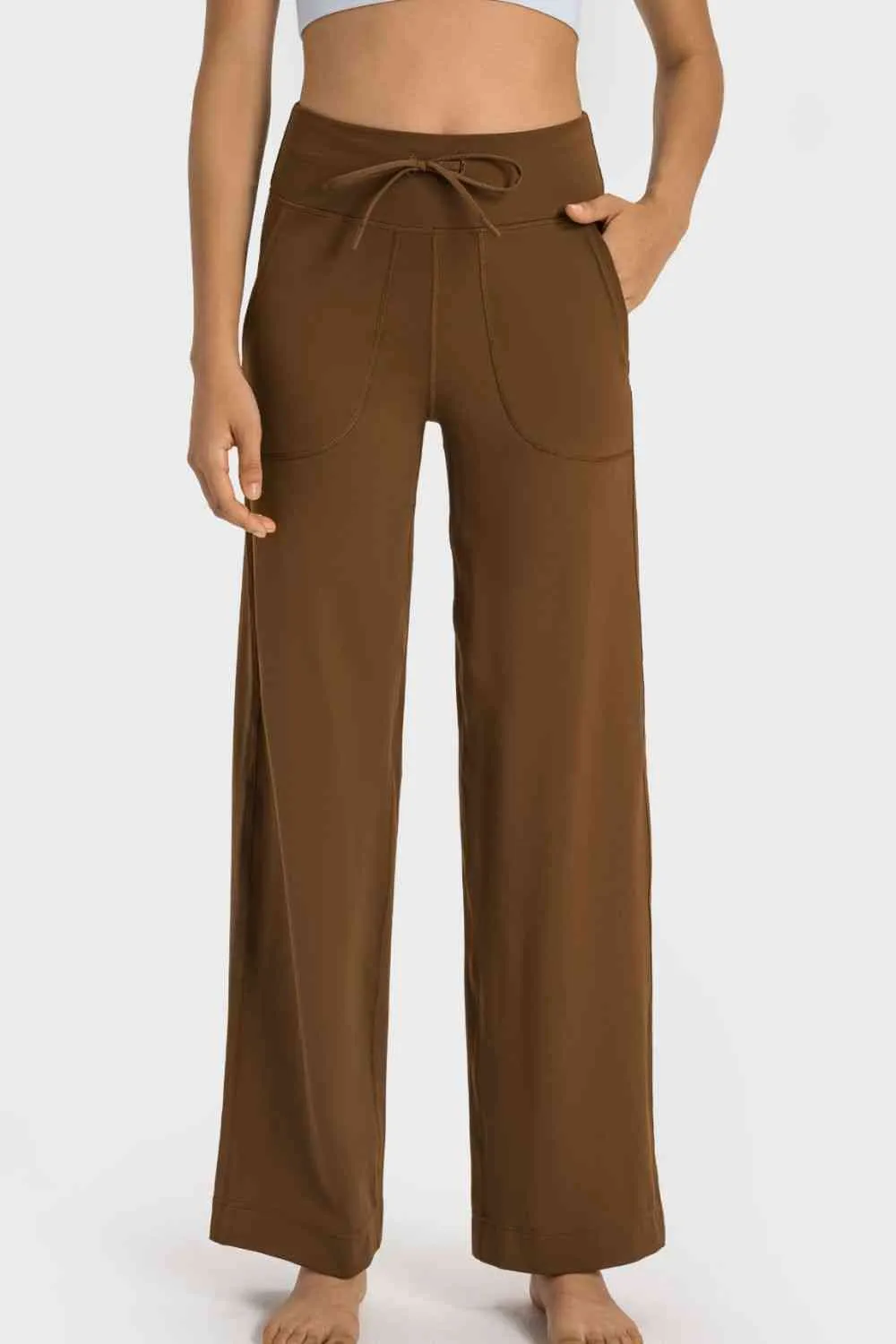 Drawstring Waist Wide Leg Sports Pants With Pocket