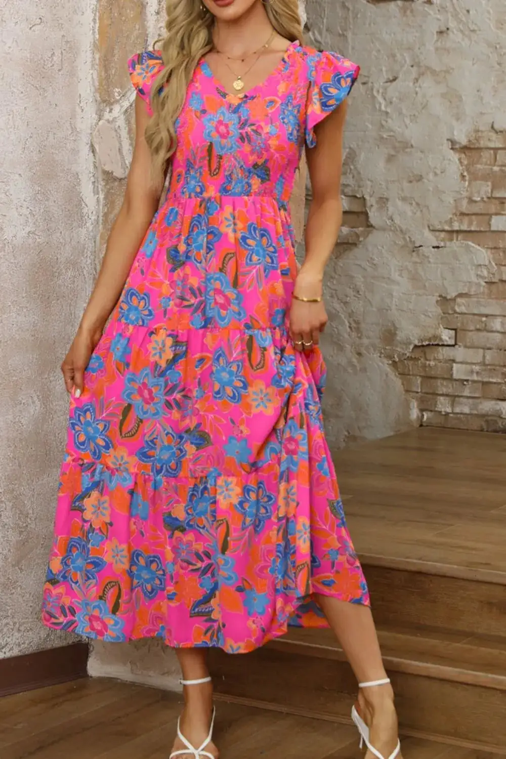 Textured Tie Detail Ruffle Trim Dress