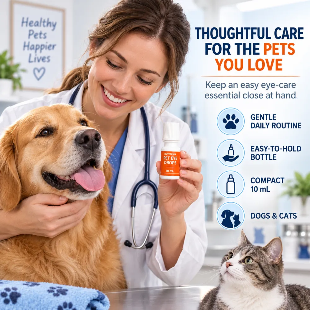 BUYFERVIA Pet Eye Drops, Dog & Cat Eye Wash Solution | Specially formulated eye drops for dogs and cats to flush and soothe eye irritation, remove tear stains in dogs, safe for all animals