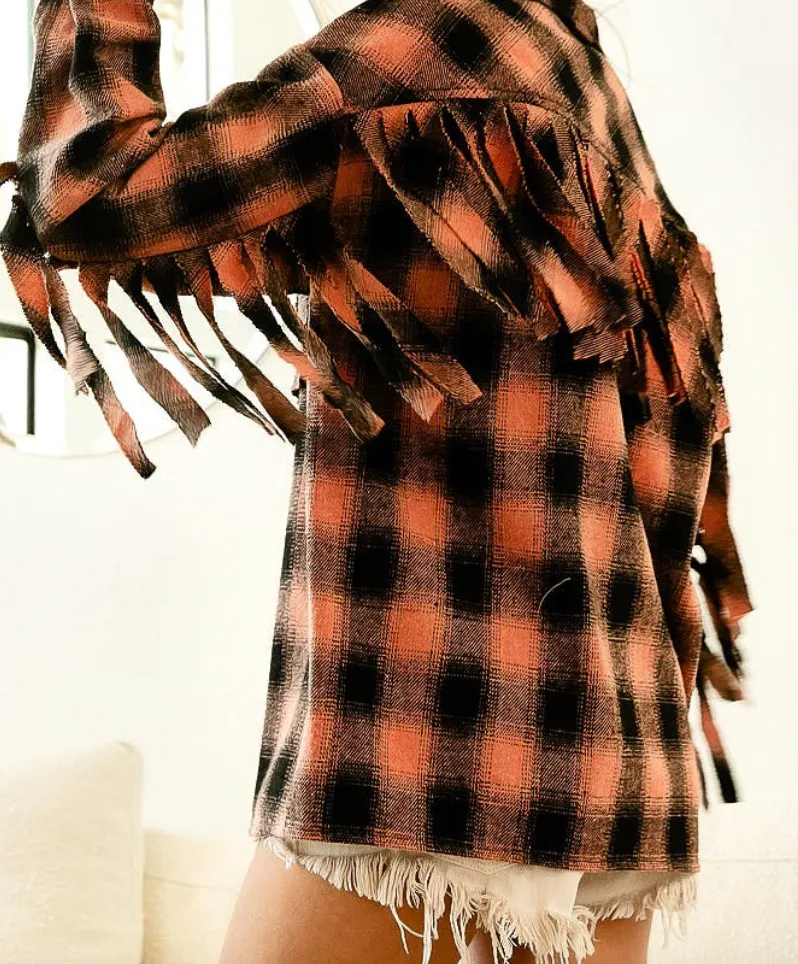 Plaid Shacket Fringe Top