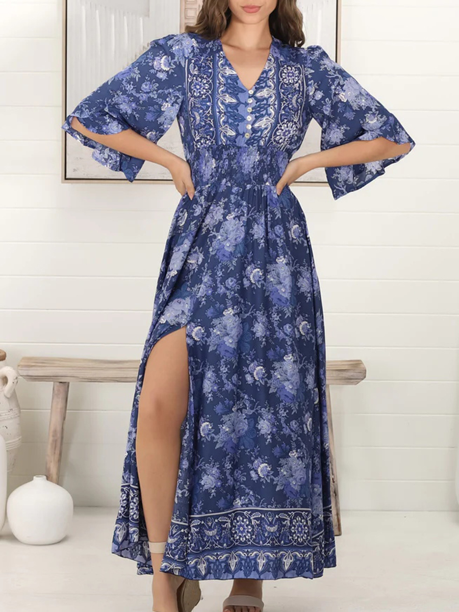 Short sleeve Bohemian slit print maxi dress