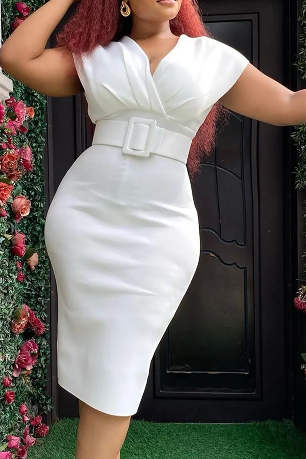 Plus Size White Business Casual V Neck Belt Solid Bodycon Midi Dresses