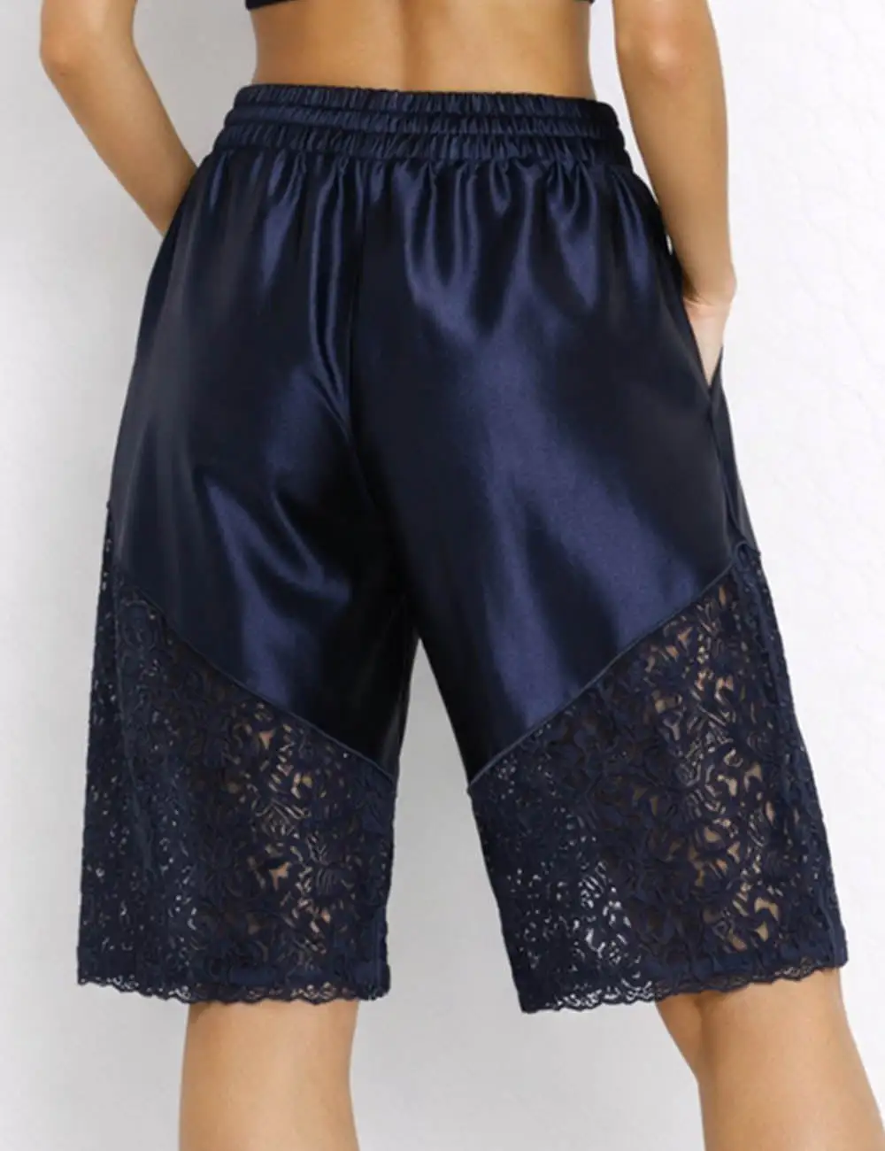 Lace Panel Drawstring Wide Leg Shorts
