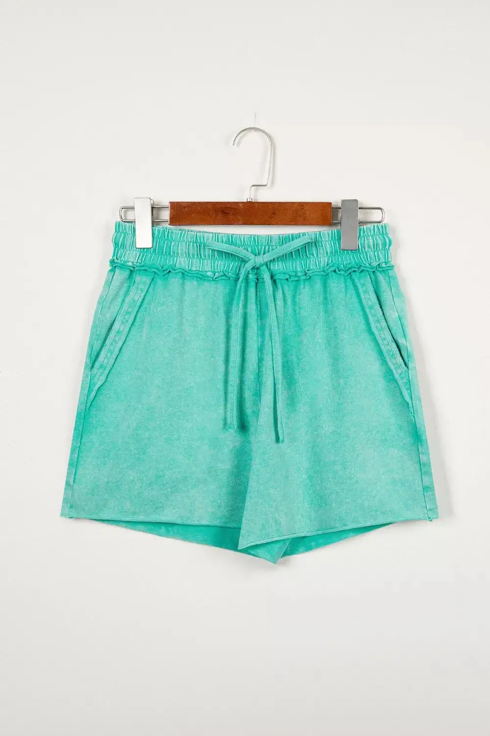 Mineral Washed Drawstring Elastic Waist Raw Cut Shorts