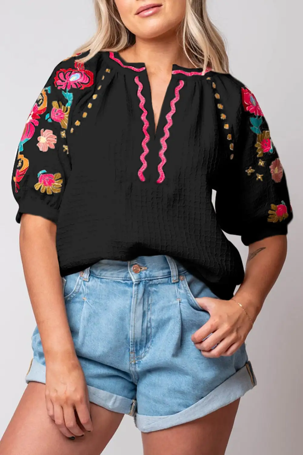 Softly Styled Floral Embroidered Textured Blouse