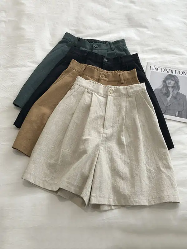 Losse Wijde Pijpen Elasticiteit Geplooide Effen Kleur Shorts