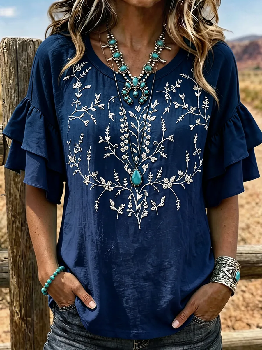 Women's Ombre Floral Embroidered Ruffle Sleeve Western Top