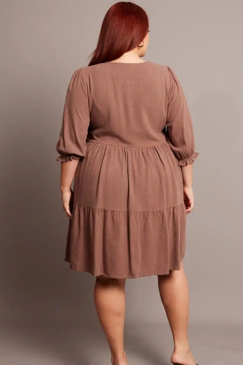 Brown V Neck Button Through Linen Blend Minidress