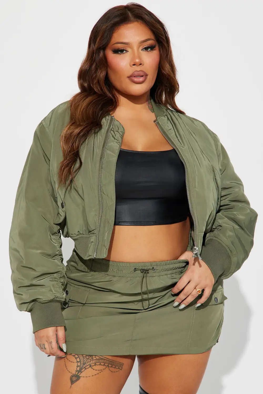 Got To Get Away Bomber Skirt Set - Olive