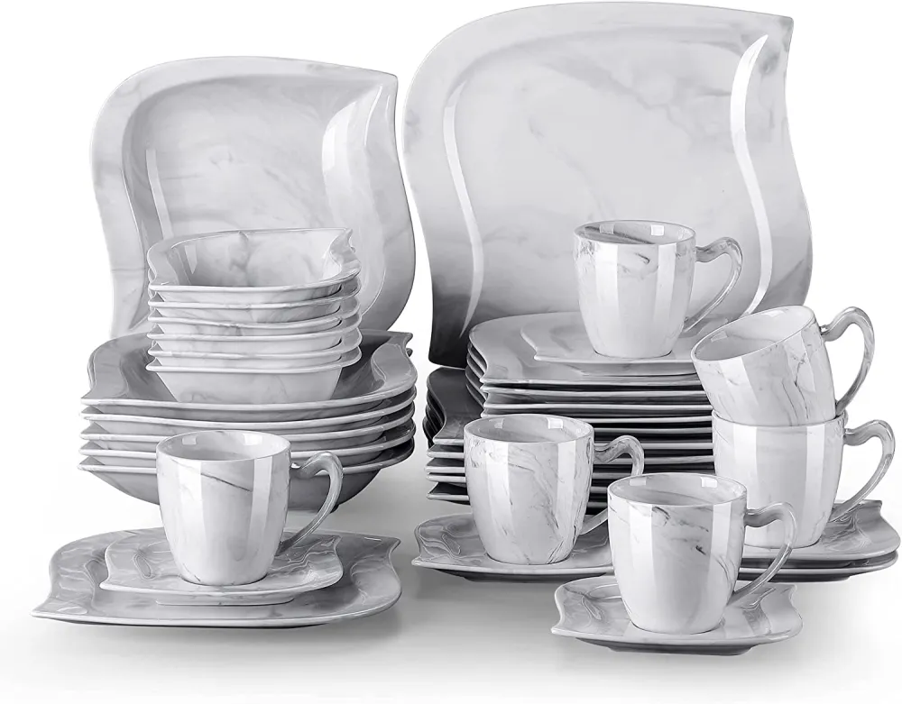 MALACASA Dish Set for 12, 60 Piece Marble Grey Square Dinnerware Sets, Porcelain Dinner Set with Plates and Bowls Sets, Cups and Saucers, Dishware Sets Kitchen Dishes Microwave Safe, Series Blance