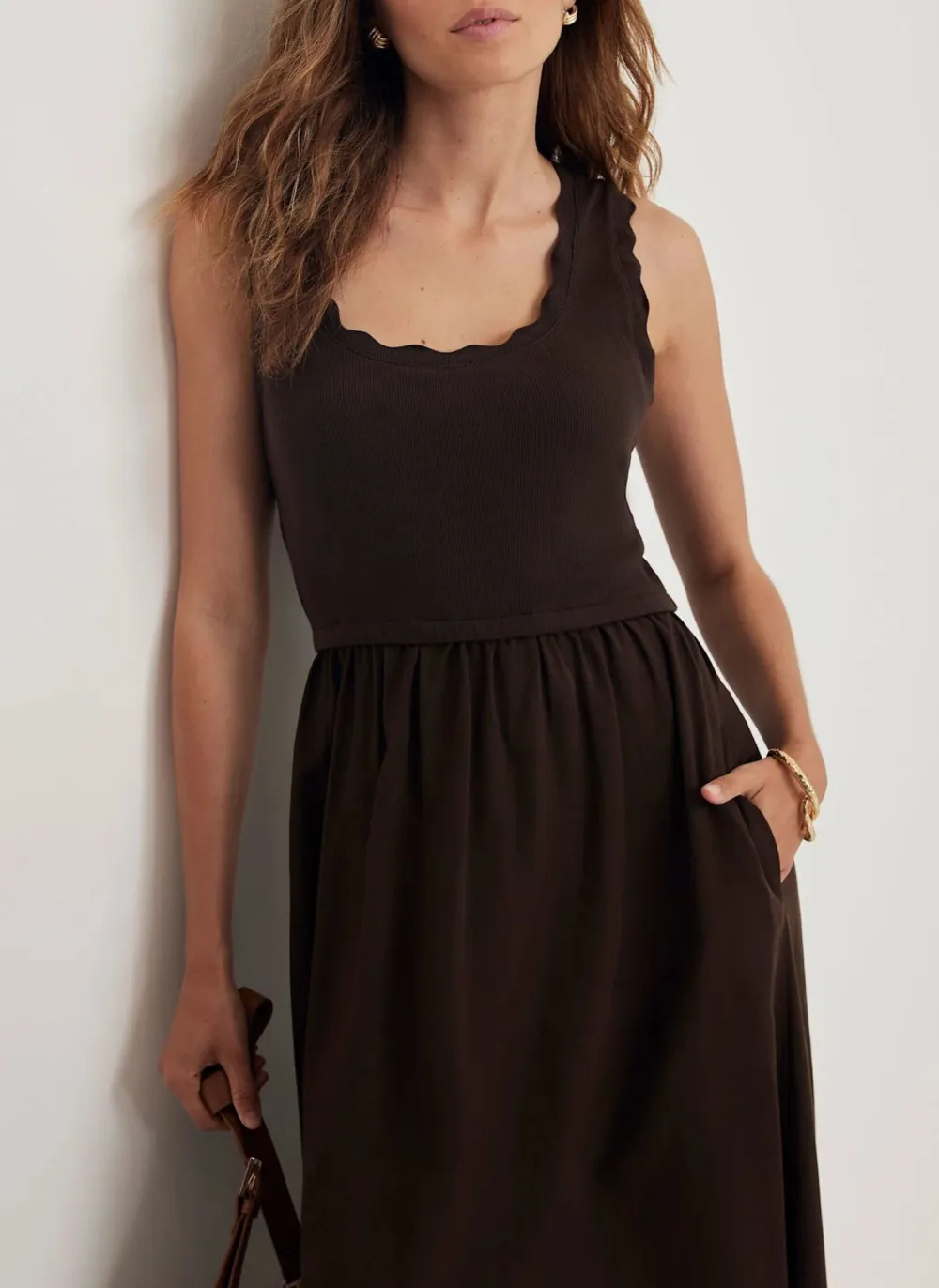 Casual Style Scallop Trim Midi Dress