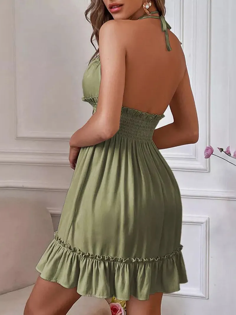 Solid Color Halter Neck Suspender Dress