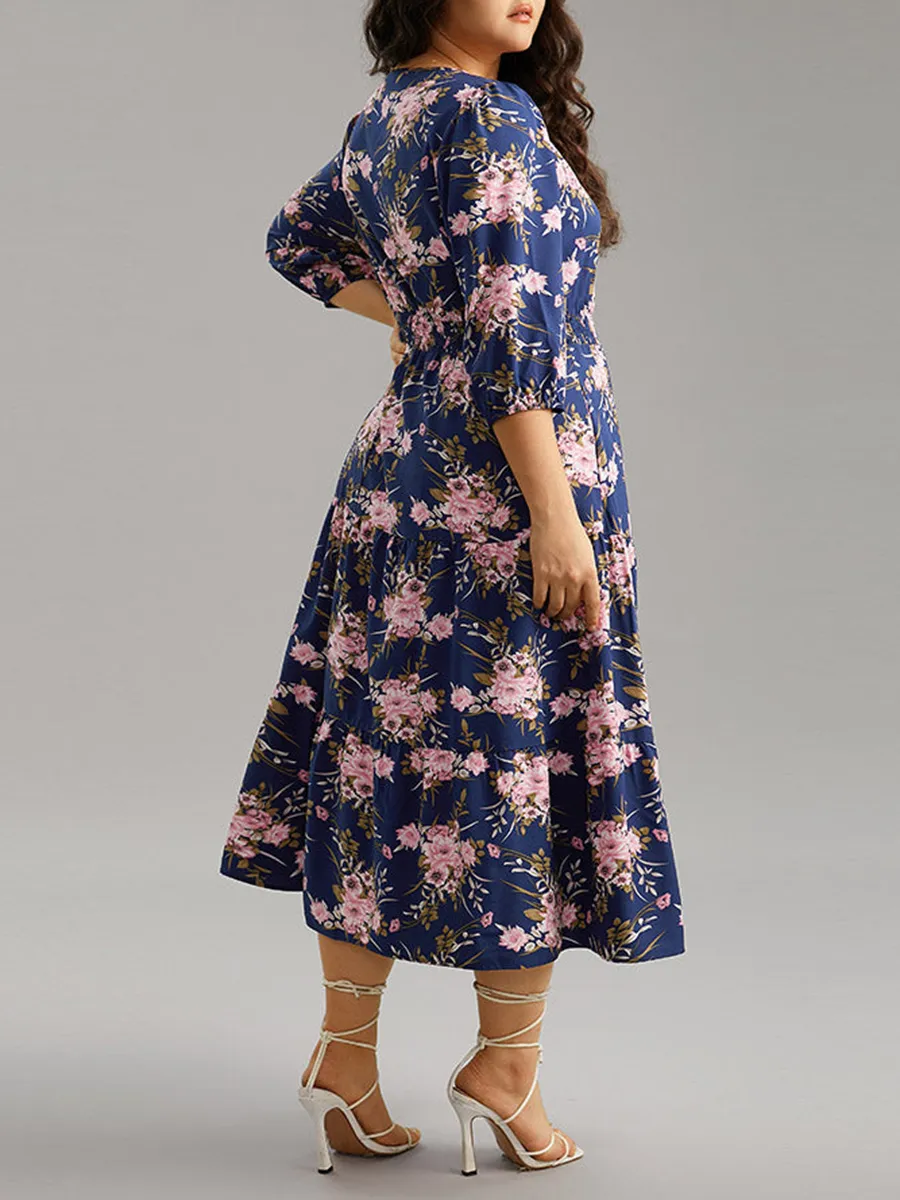 Elegant Senior Waist V-Neck Floral Dress