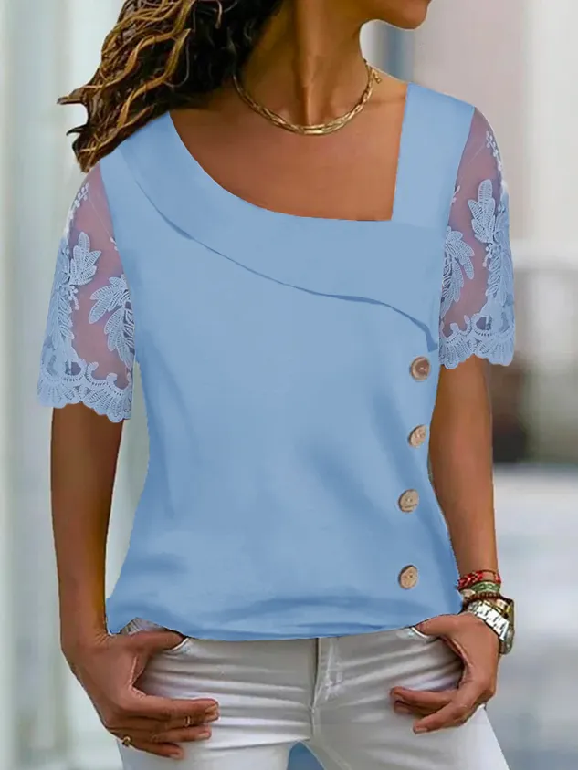 Casual Asymmetrical Neck Buttoned Mesh Blouse