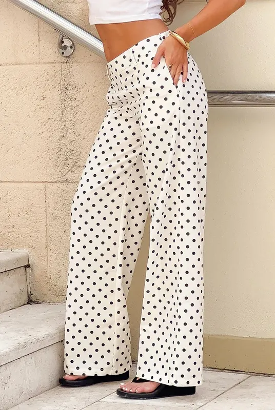 White Polka Dot Low-Rise Straight-Leg Pants