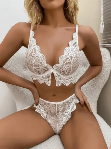 Lace Casual Plain Bra & Panty Set