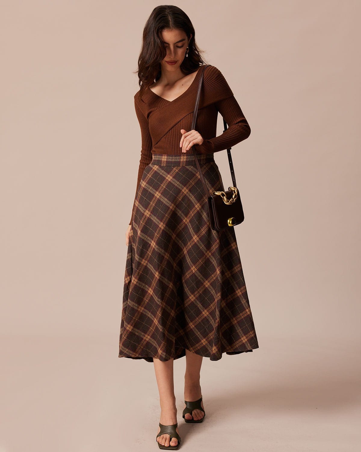 The Brown Elastic Waist Plaid A-Line Midi Skirt