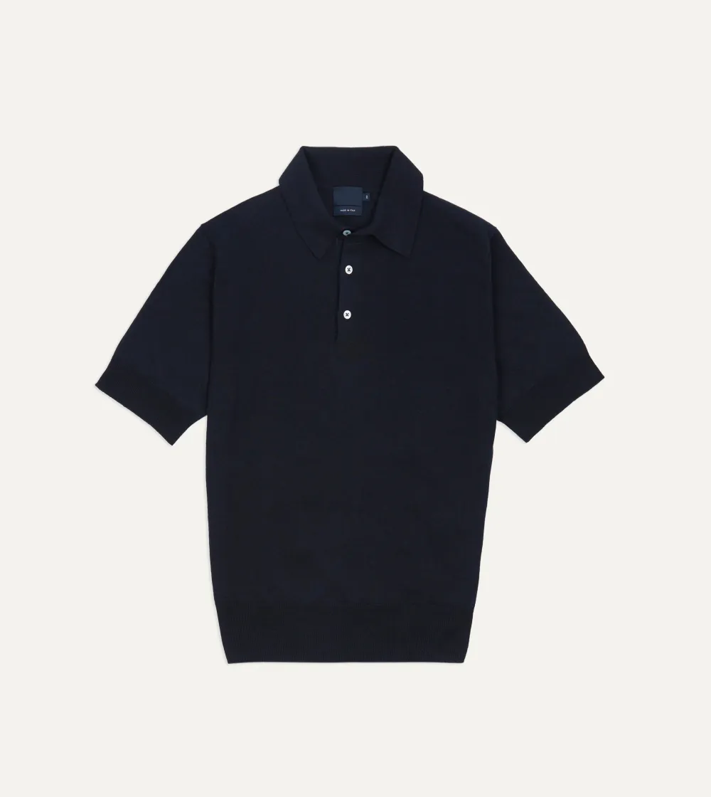 Casual Style Navy Knitted Linen-Cotton Short-Sleeve Polo Shirt