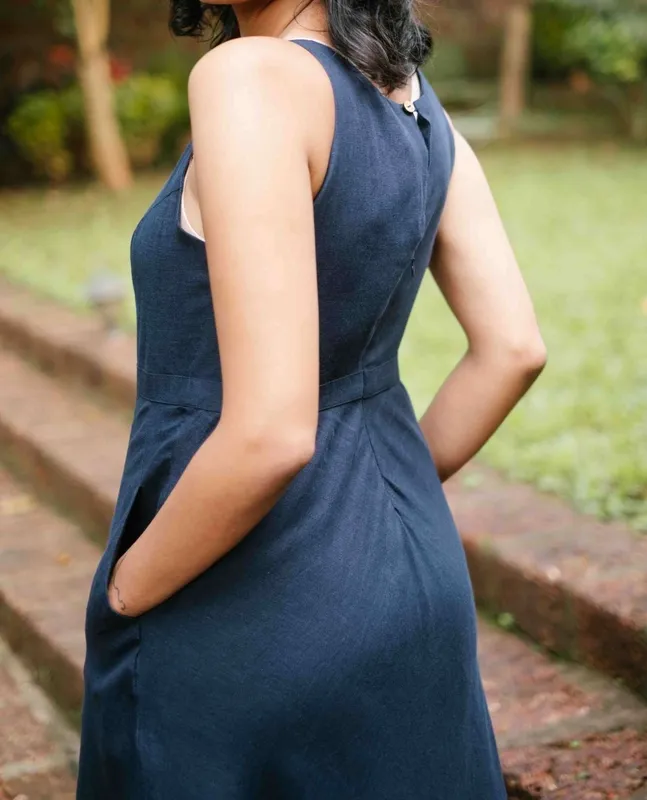 Indigo Blue Linen Cutaway Maxi Dress