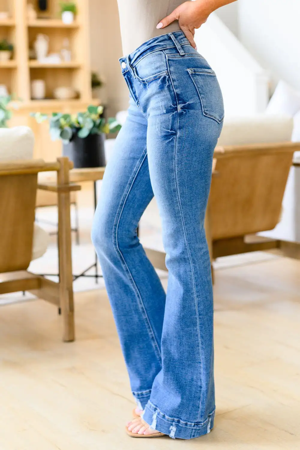 Slight Distressed Wash Flare Jeans