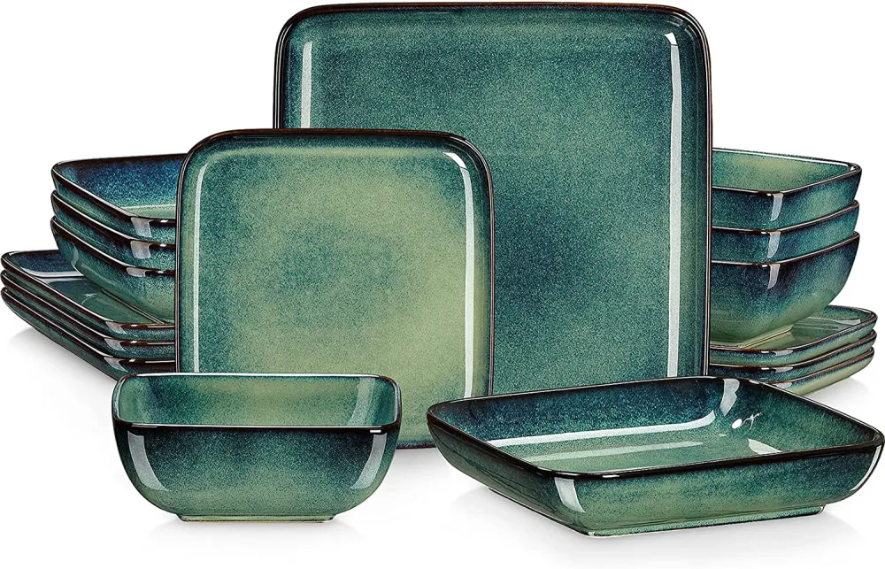 vancasso Stern Green-Blue Dinner Set- Square Reactive Glaze Tableware- 32 Pieces Kitchen Dinnerware Stoneware Crockery Set with Dinner Plate, Dessert Plate, Bowl and Soup Plate Service for 8