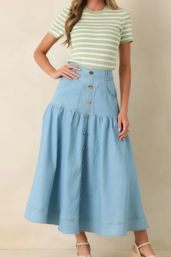 Country Light Wash Denim Button-Down Maxi Skirt
