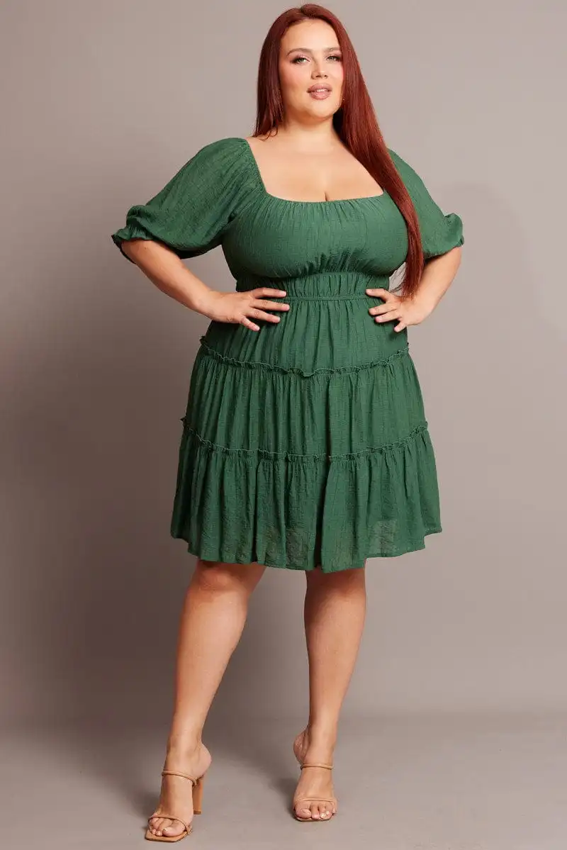 Green Mini Dress With Elastic Waist And Frill Skirt