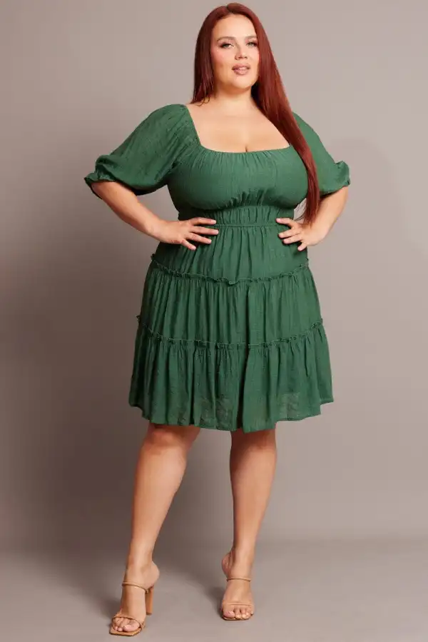 Green Mini Dress With Elastic Waist And Frill Skirt