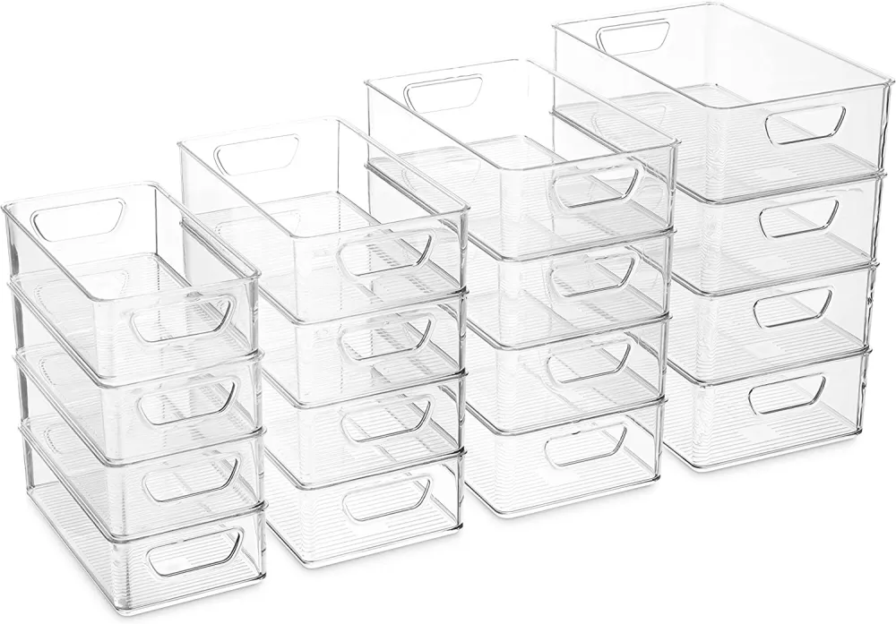 Set Of 16 Refrigerator Organizer Bins - Plastic Pantry Organization and Storage Baskets - Stackable Food Fridge Organizers with Cutout Handles for Freezer, Kitchen, Countertops, Cabinets