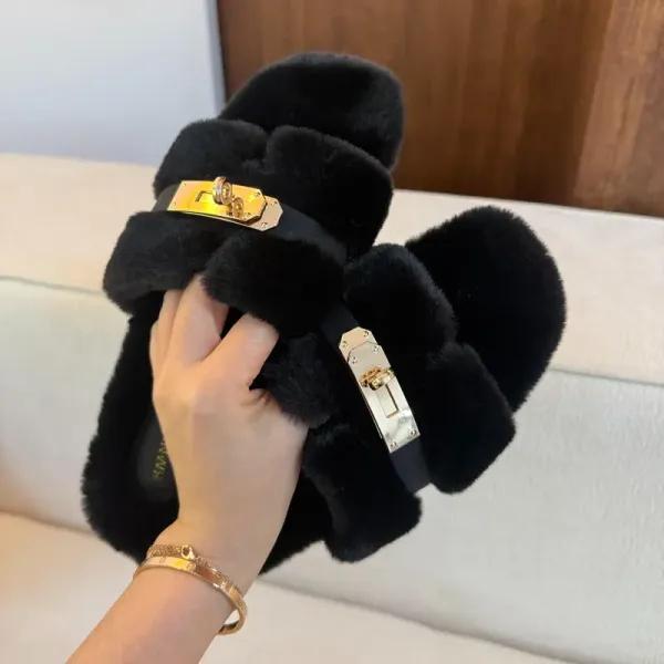 Flat Fuzzy Slide Slippers Open Toe Plush Cotton Outdoor Slippers
