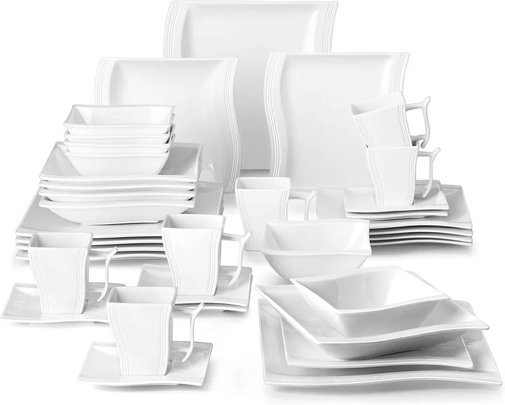 MALACASA Ivory White Dinnerware Sets, 60-Piece Square Dish Set for 12, Porcelain Dishes with Dinner Plates, Dessert Plates and Soup Plates, Cups and Saucers, Modern Dinnerware Oven Safe, Series Flora