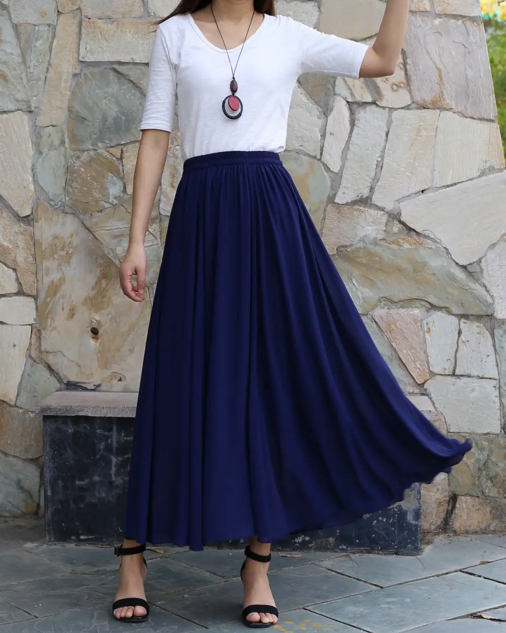 Airy Elastic Waist Chiffon A Line Maxi Skirt