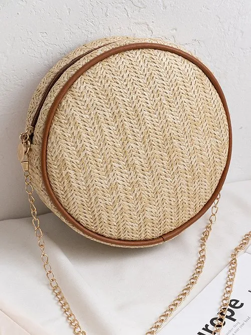 Urban Casual Straw Woven Round Messenger Bag Vacation Women's Shoulder Bag