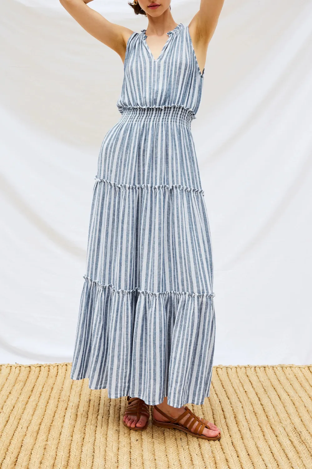 Cotton And Linen Blended Striped Dress