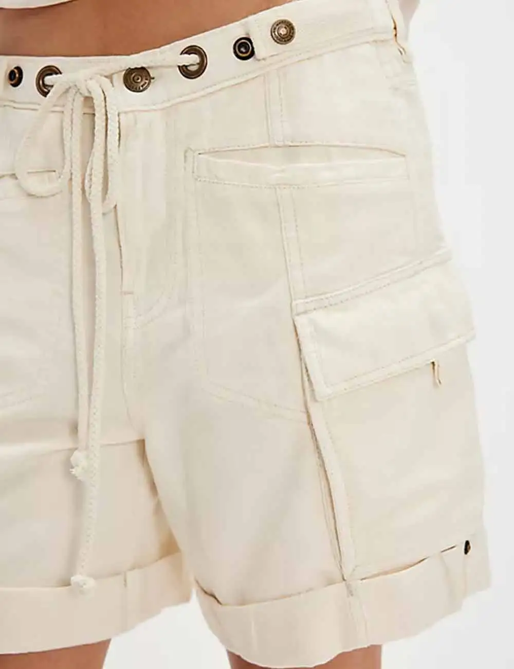 Pocket Drawstring Elastic Waist Rolled Denim Shorts
