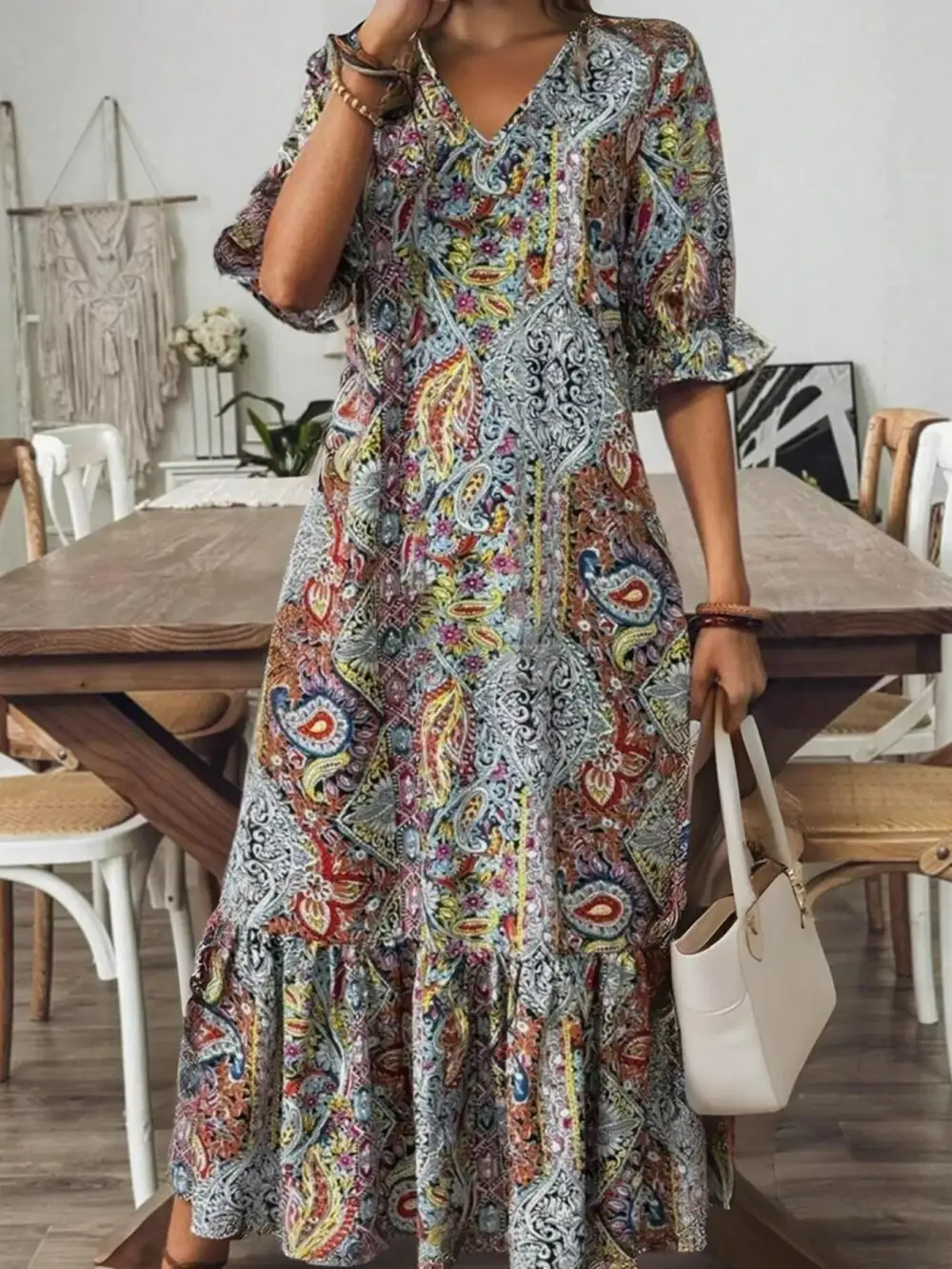 Wearable Cut Paisley Print V Neck Midi Dress