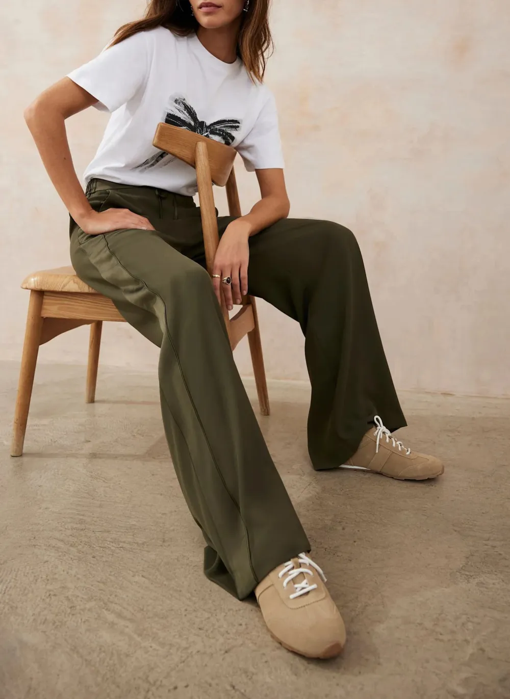 Casual Style Khaki Side Stripe Wide Trousers