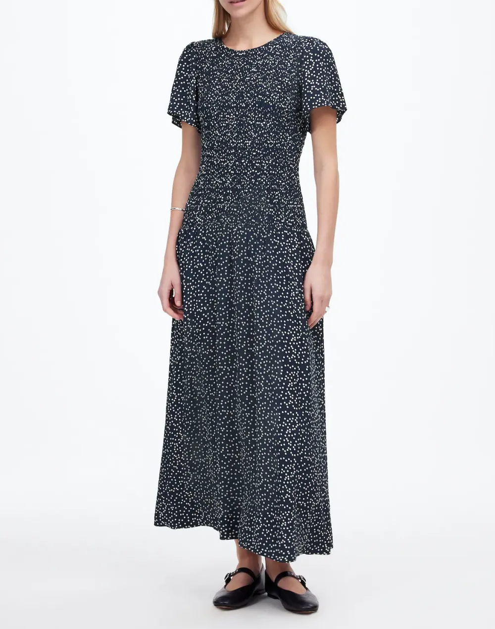 Flutter-Sleeve Smocked Maxi Dress in Floral