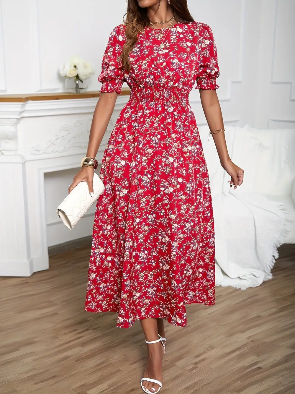 Floral Print Dress: Romantic Puff Sleeves (Spring & Summer, Crew Neck)