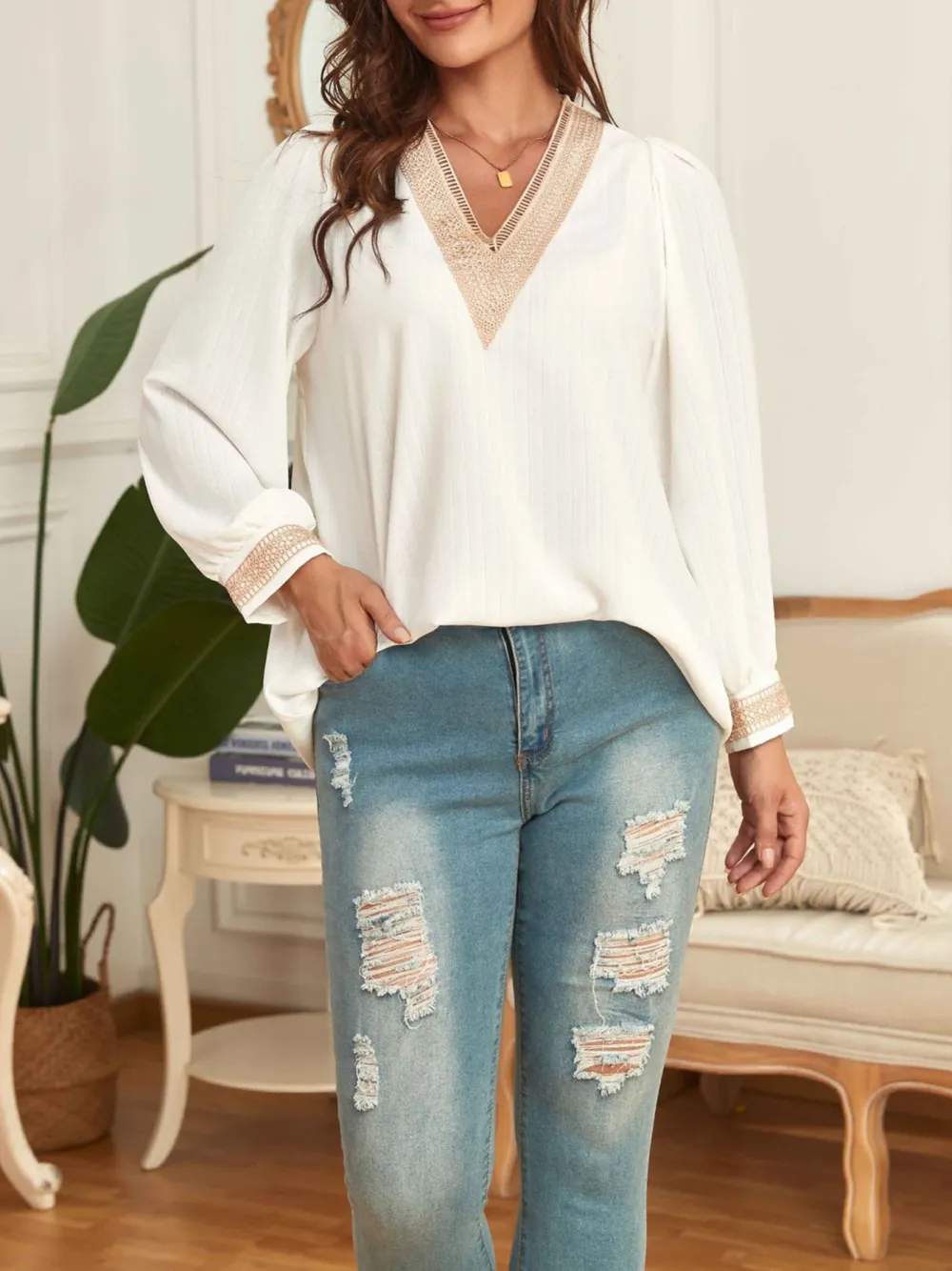 V Neck Loose Long-Sleeved Shirt