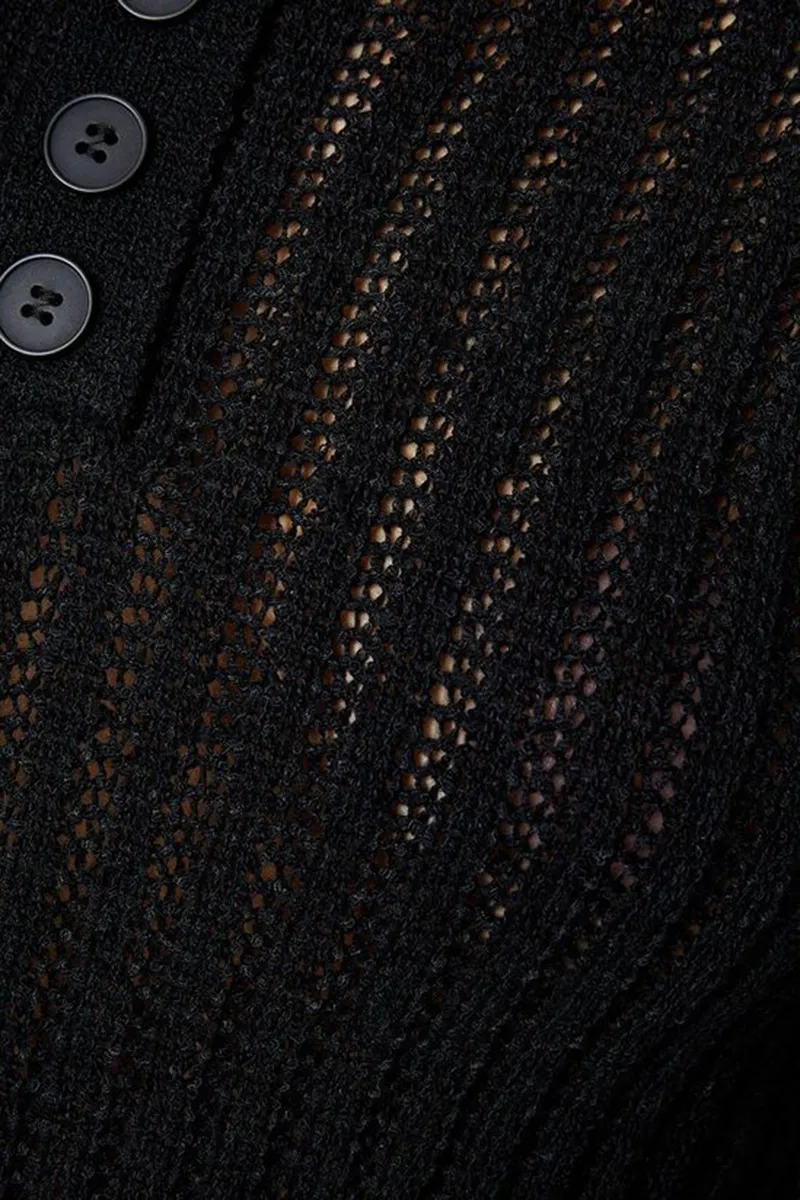 Casual Style Black Button Front Knitted Polo
