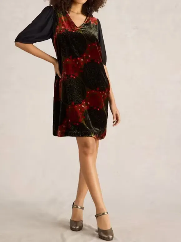 Velvet Mix Dress In Green Print