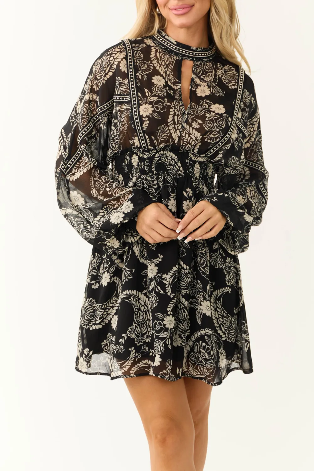 Black Paisley Print High Neck Short Dress