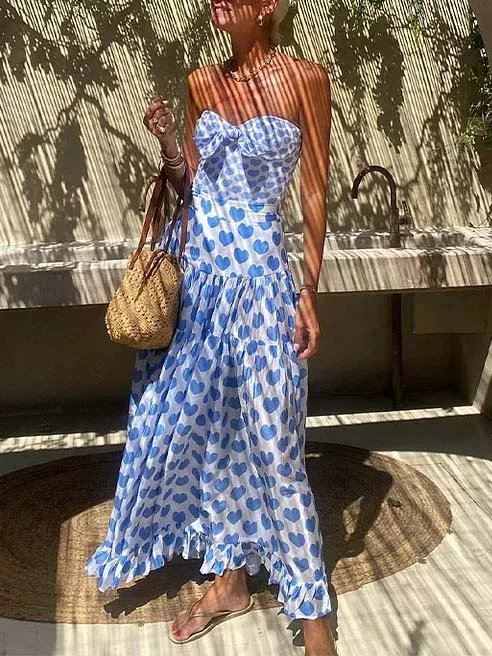 Women’s Soft Heart Print Bowknot One-Piece Swimsuit Set