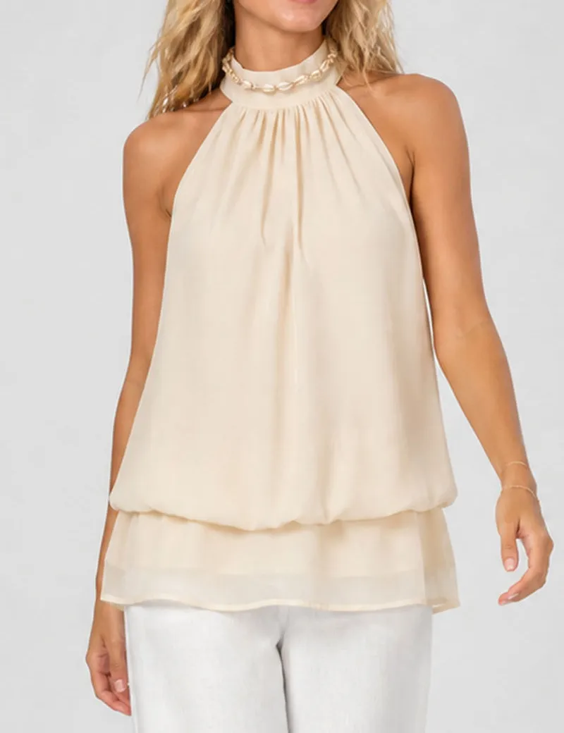 Chiffon Stand Neck Solid Color Ruffle Hem Sleeveless Top
