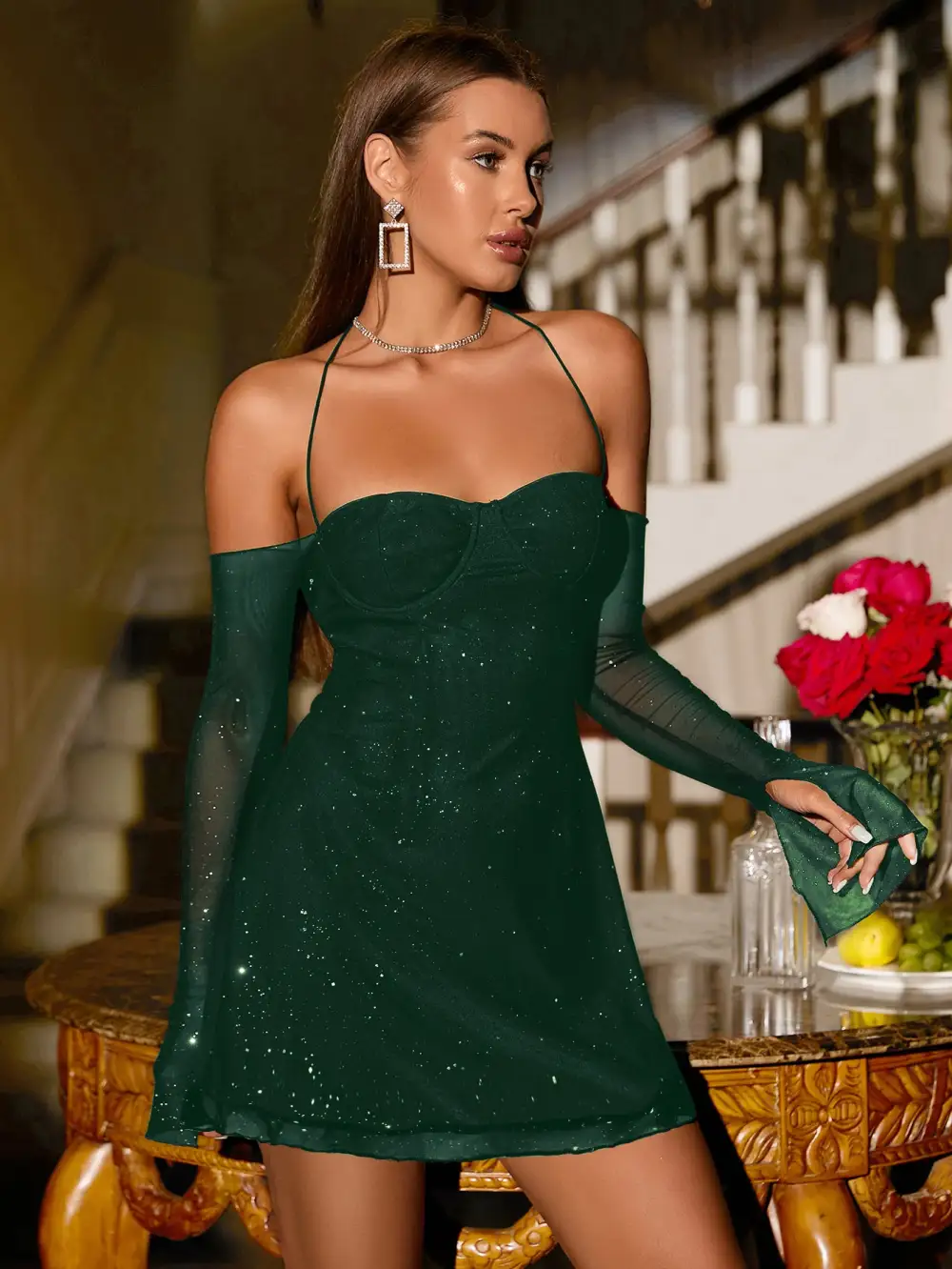 Halter Neck Flounce Sleeve Sparkly Mesh Dress