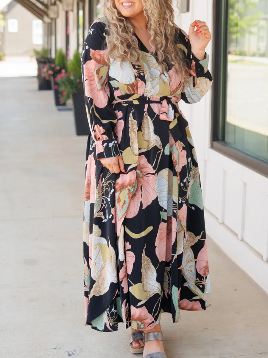 Large Floral Pattern Printed Loose Fitting Dress