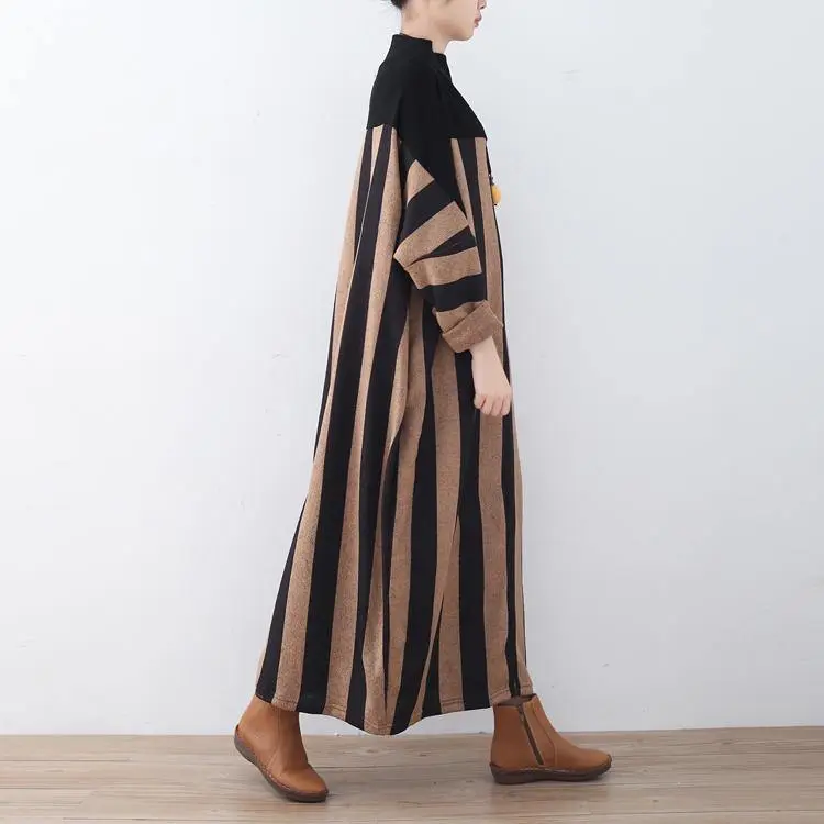 khaki striped long sweaters Loose fitting patchwork pullover Fine high neck winter dresses